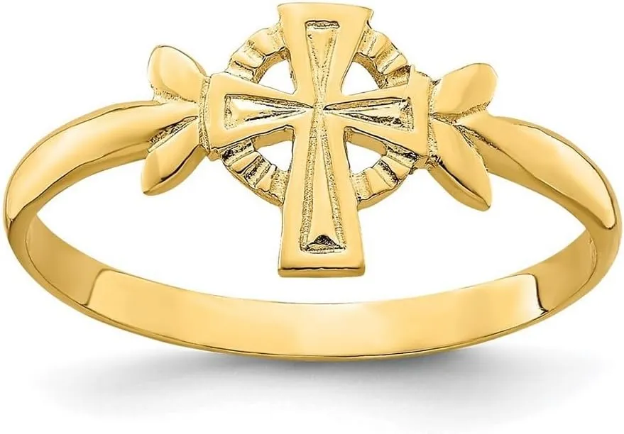 14k Solid Yellow Gold Polished Religious Faith Cross With Circle Ring Size 6 - Jewelry Gift for Mom