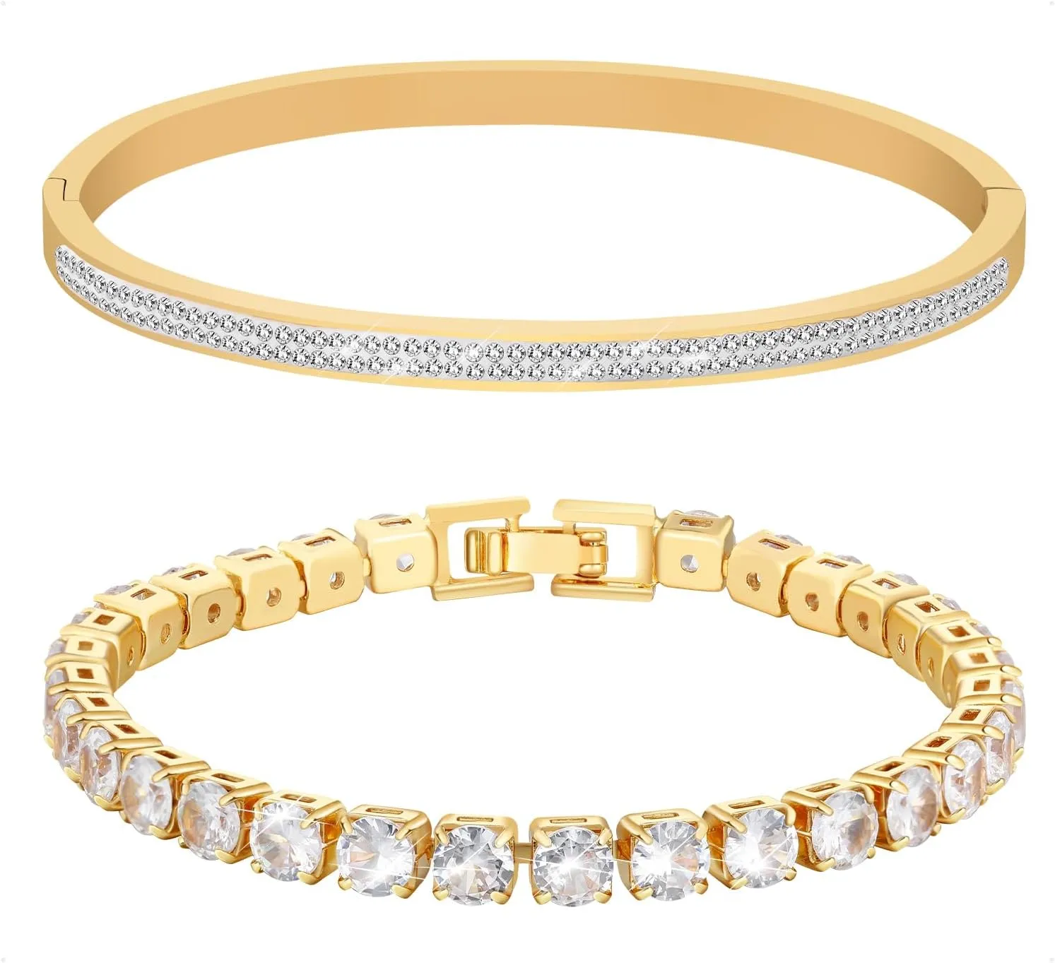 18K Gold Plated Nail Bangle Bracelets for Women,Love Friendship Stack Dainty Bangle Set Gift
