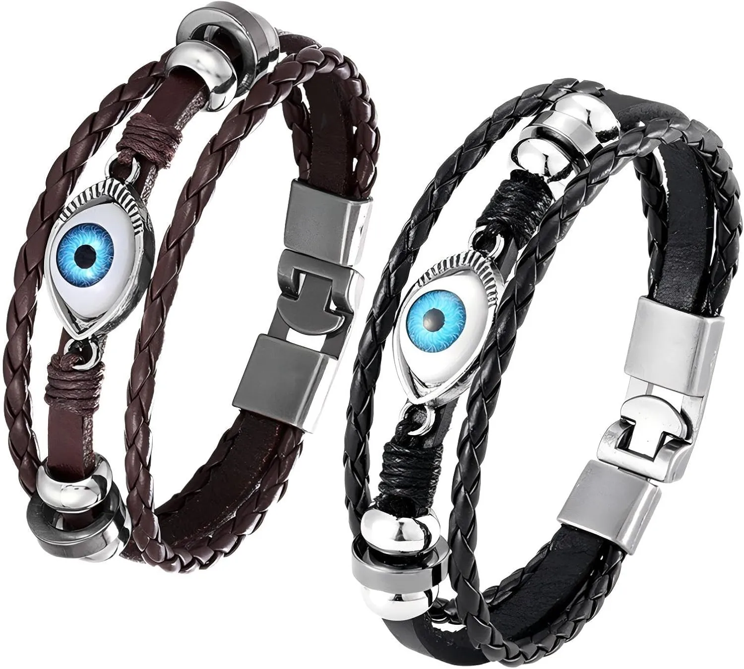 2 Devil's Eye Leather Bracelets, Turkish Blue Eyes Hand Woven Leather Bracelet, Multi-Layered Beaded Lucky Bracelet