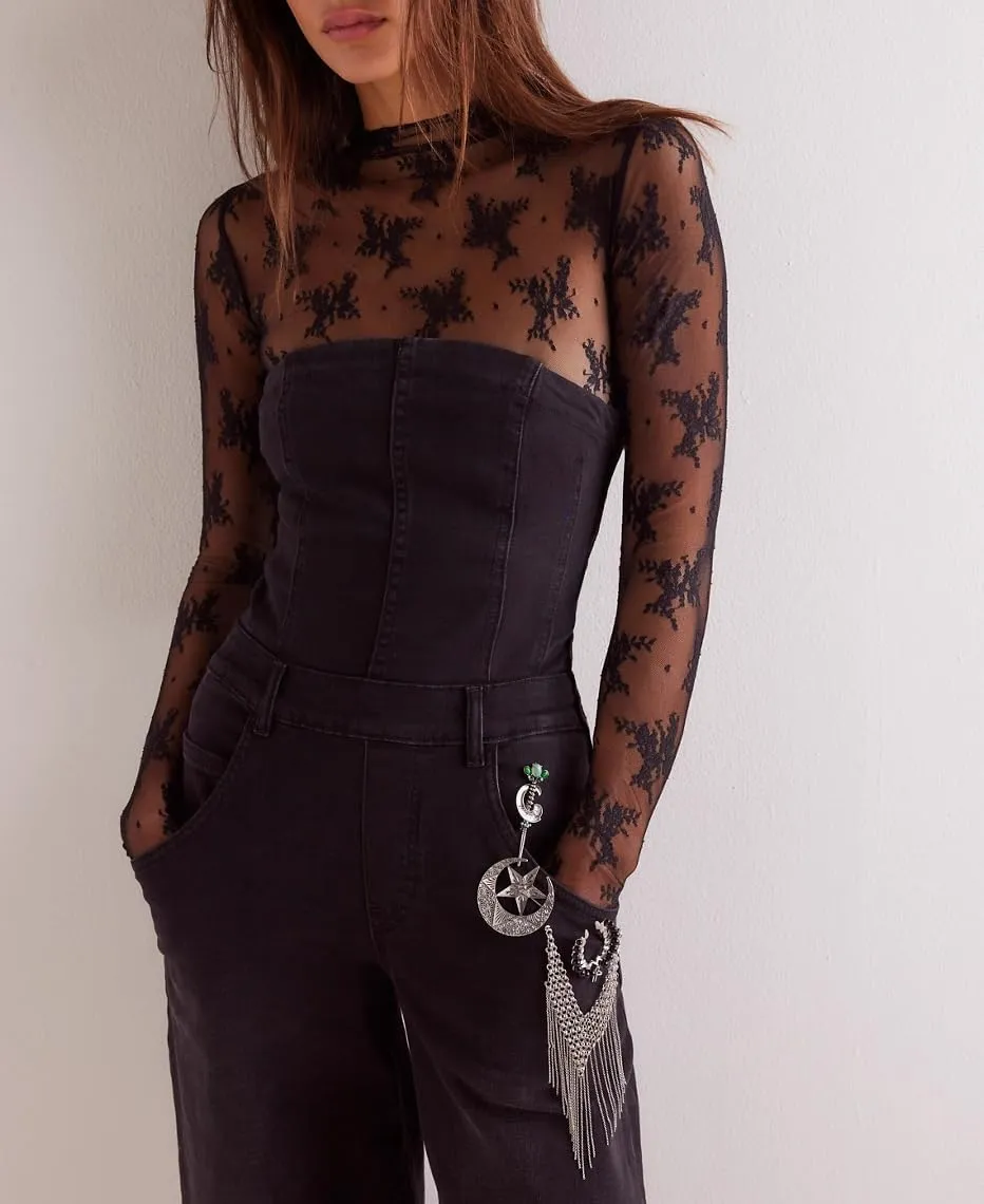 2 Pack Women's Long Sleeve Lace Tops Mesh Tops Sheer Layering Top Sexy Mock Neck Floral See Through Shirt Blouse