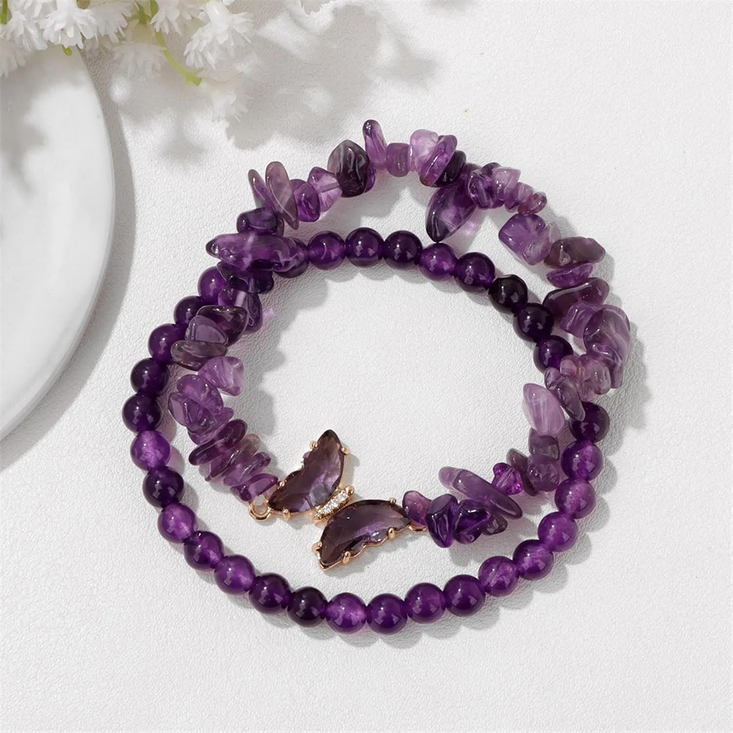2Pcs Butterfly Bracelets - Healing Bracelets for Women, 6mm Natural Stone, Layered Anxiety Bracelet