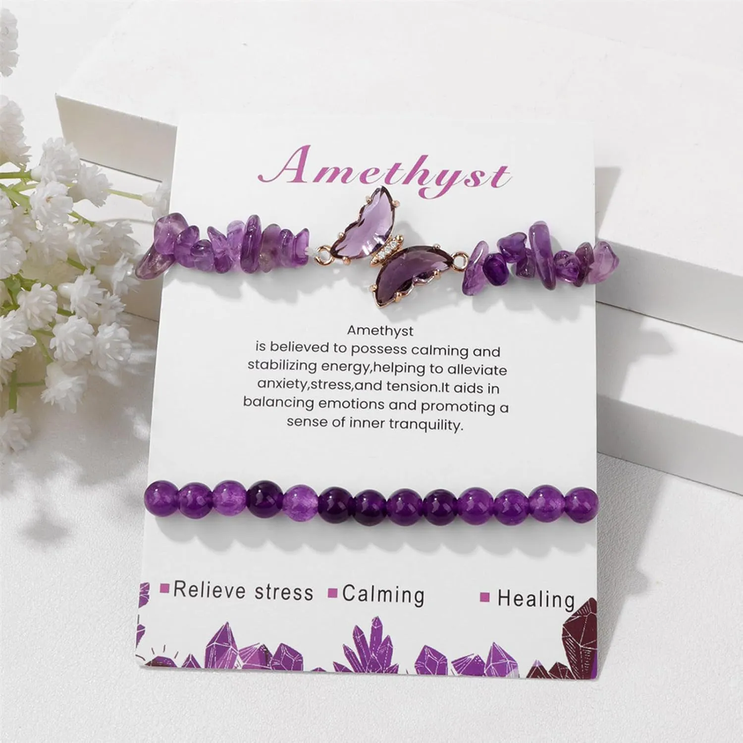 2Pcs Butterfly Bracelets - Healing Bracelets for Women, 6mm Natural Stone, Layered Anxiety Bracelet