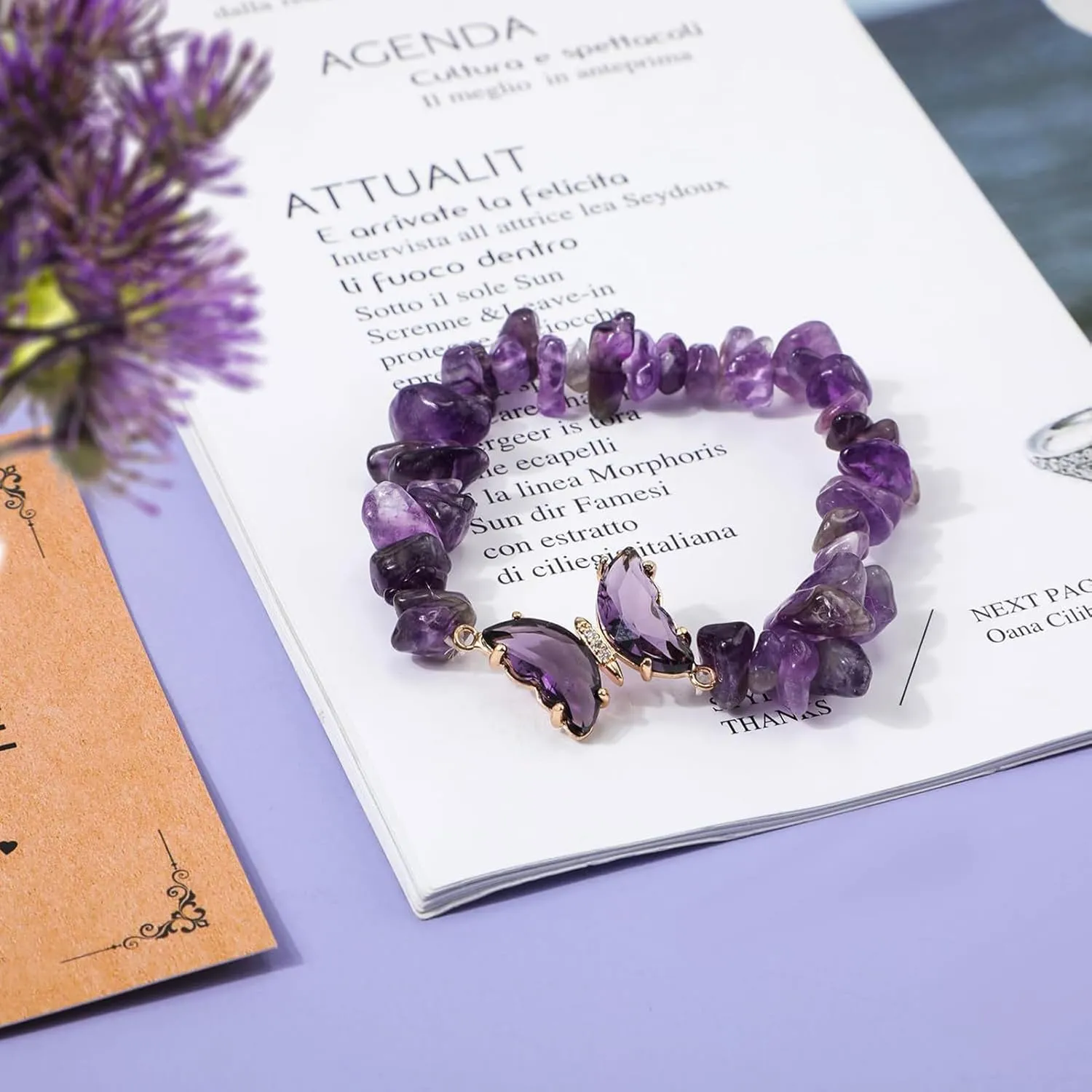 2Pcs Butterfly Bracelets - Healing Bracelets for Women, 6mm Natural Stone, Layered Anxiety Bracelet