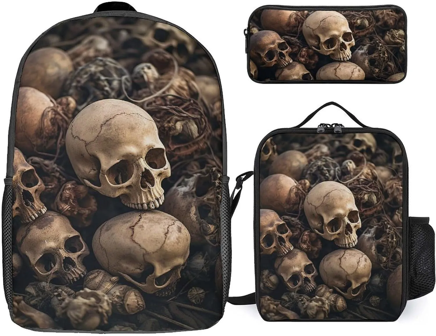 3 Piece Backpack for Women Men Lightweight Causal Daypack Shoulder Bag Set with Insulated Lunch Bag And Pencil Case Organizers Some Skull Shapes