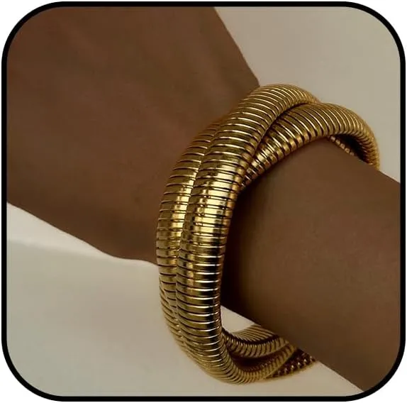 3PCS Chunky Gold Bangle Bracelet for Women Gold Stretch Bracelets Set Stainless Steel Link Chain Bracelets Flexible Wide Wristband Trendy Jewelry Accessories
