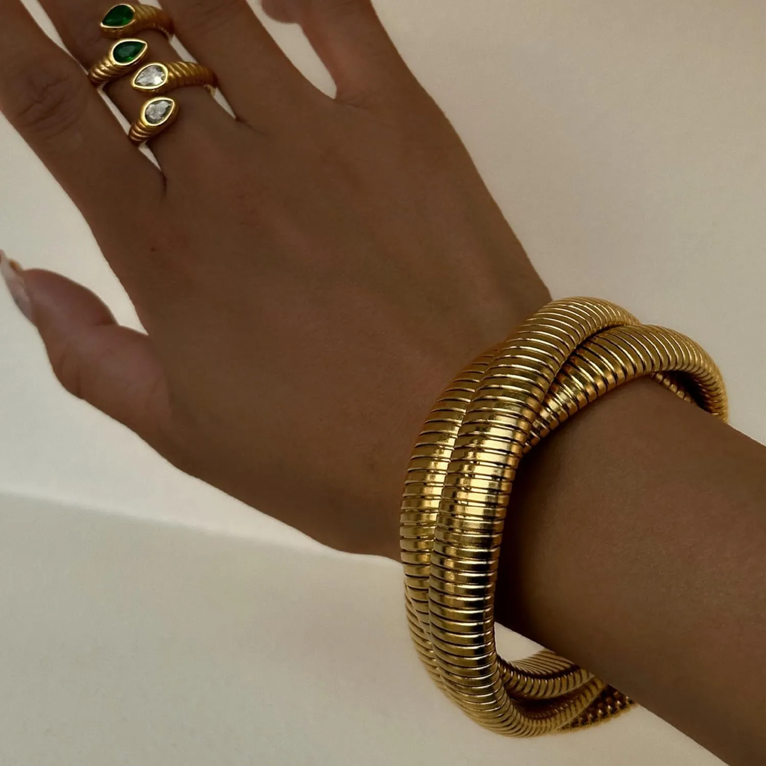 3PCS Chunky Gold Bangle Bracelet for Women Gold Stretch Bracelets Set Stainless Steel Link Chain Bracelets Flexible Wide Wristband Trendy Jewelry Accessories