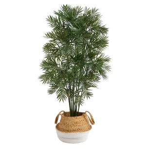 4' Parlor Palm Artificial Tree in Boho Chic Handmade Cotton & Jute White Woven Planter - Low Maintenance, Life-Like & Vibrant Silk Trees For Busy People.
