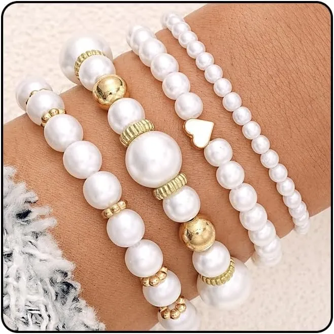 4Pcs Layered Elastic Pearl Bracelets Set for Women, Fashion White Freshwater Pearls Beaded Heart Bangles Bracelets Trendy Wedding Wrist Jewelry Gifts