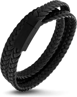 555Jewelry Stainless Steel Braided Double Wrap Leather Twist Rope Chain Cord Adjustable Magnetic Clasp Simple Men Women Unisex Fashion Jewelry Accessory Bangle Bracelet, Black & Black 8 Inch