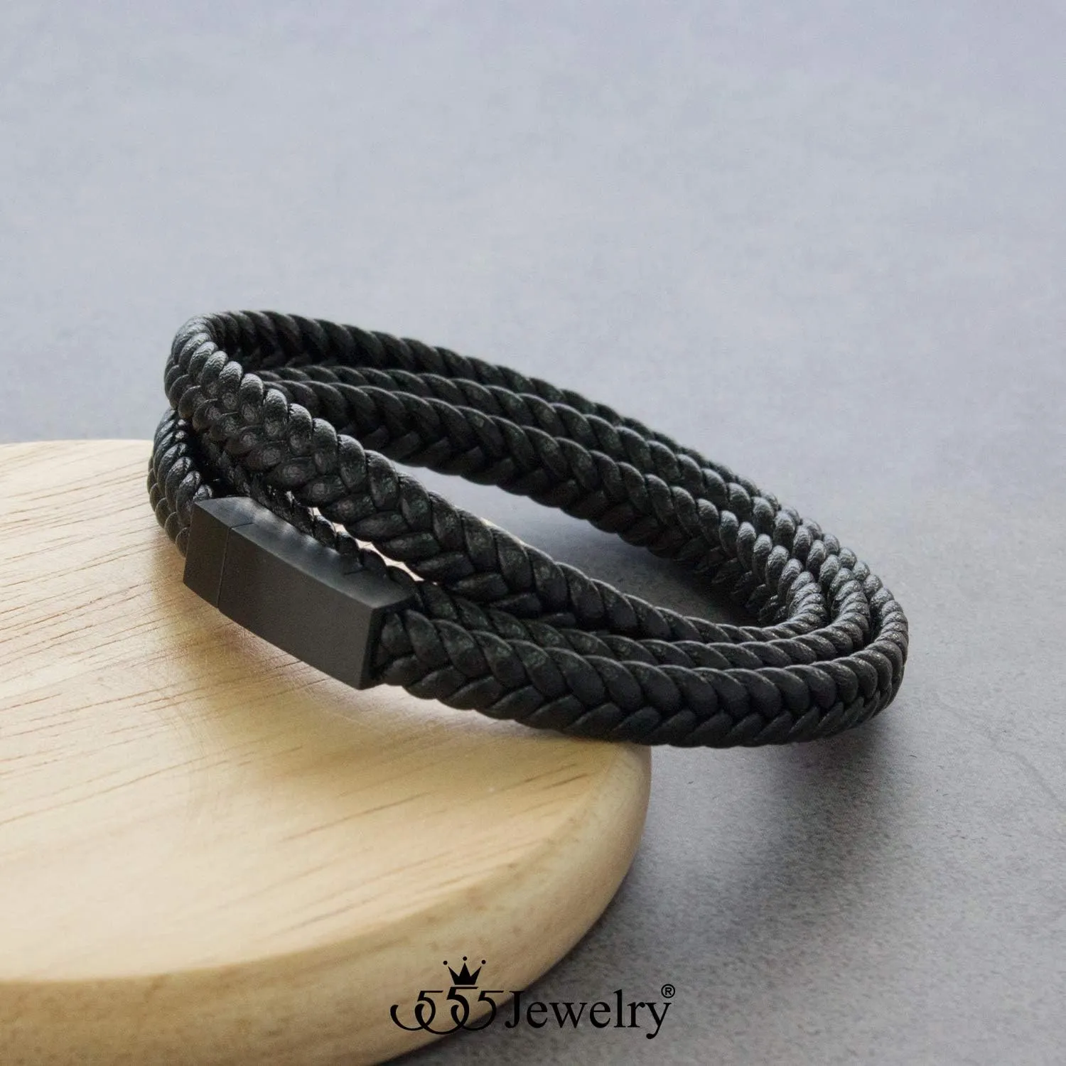 555Jewelry Stainless Steel Braided Double Wrap Leather Twist Rope Chain Cord Adjustable Magnetic Clasp Simple Men Women Unisex Fashion Jewelry Accessory Bangle Bracelet, Black & Black 8 Inch