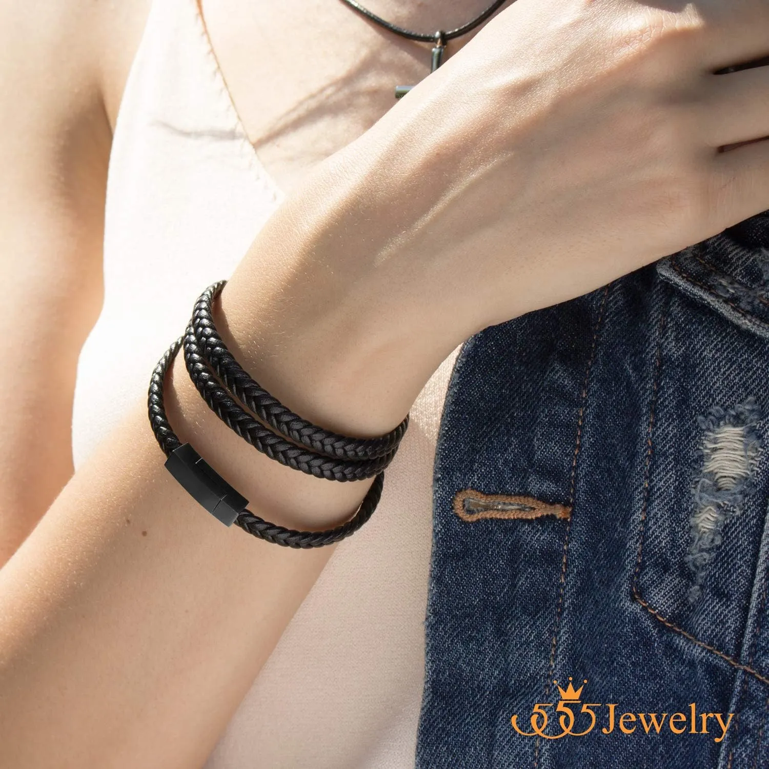 555Jewelry Stainless Steel Braided Double Wrap Leather Twist Rope Chain Cord Adjustable Magnetic Clasp Simple Men Women Unisex Fashion Jewelry Accessory Bangle Bracelet, Black & Black 8 Inch