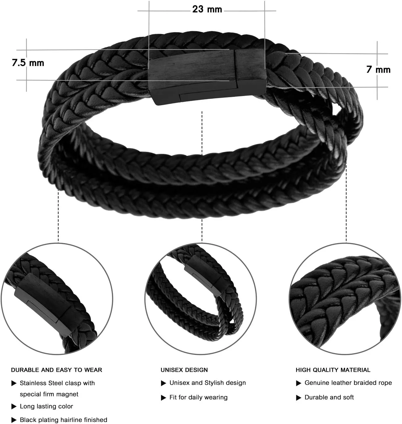 555Jewelry Stainless Steel Braided Double Wrap Leather Twist Rope Chain Cord Adjustable Magnetic Clasp Simple Men Women Unisex Fashion Jewelry Accessory Bangle Bracelet, Black & Black 8 Inch