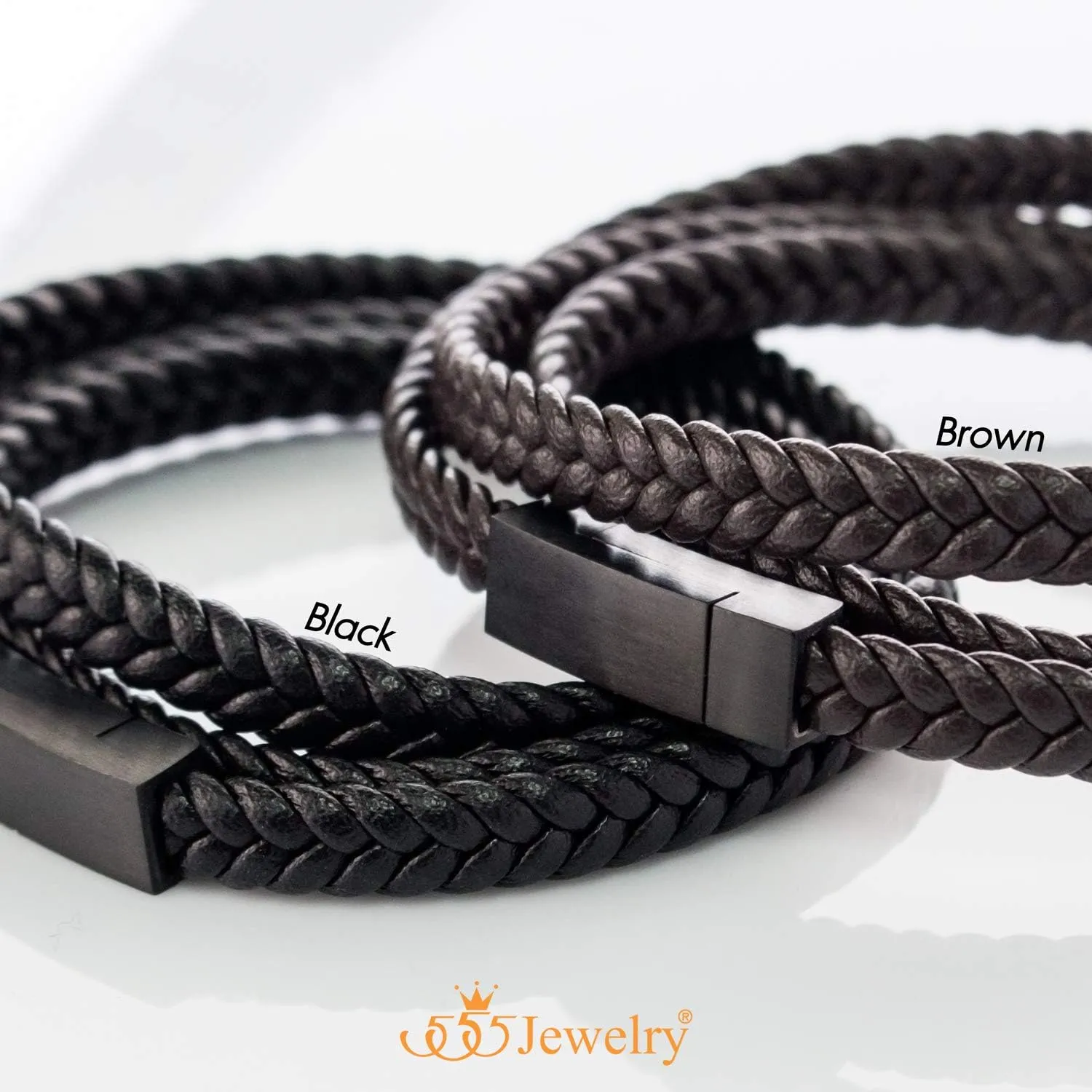555Jewelry Stainless Steel Braided Double Wrap Leather Twist Rope Chain Cord Adjustable Magnetic Clasp Simple Men Women Unisex Fashion Jewelry Accessory Bangle Bracelet, Black & Black 8 Inch