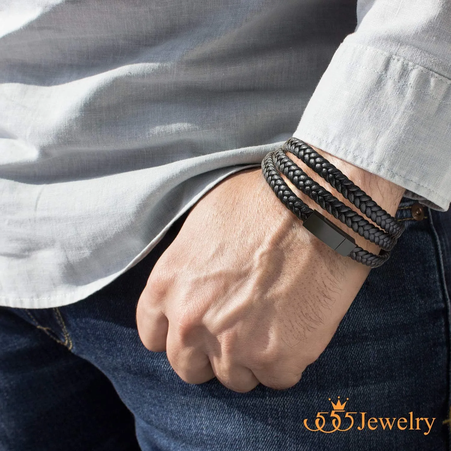 555Jewelry Stainless Steel Braided Double Wrap Leather Twist Rope Chain Cord Adjustable Magnetic Clasp Simple Men Women Unisex Fashion Jewelry Accessory Bangle Bracelet, Black & Black 8 Inch