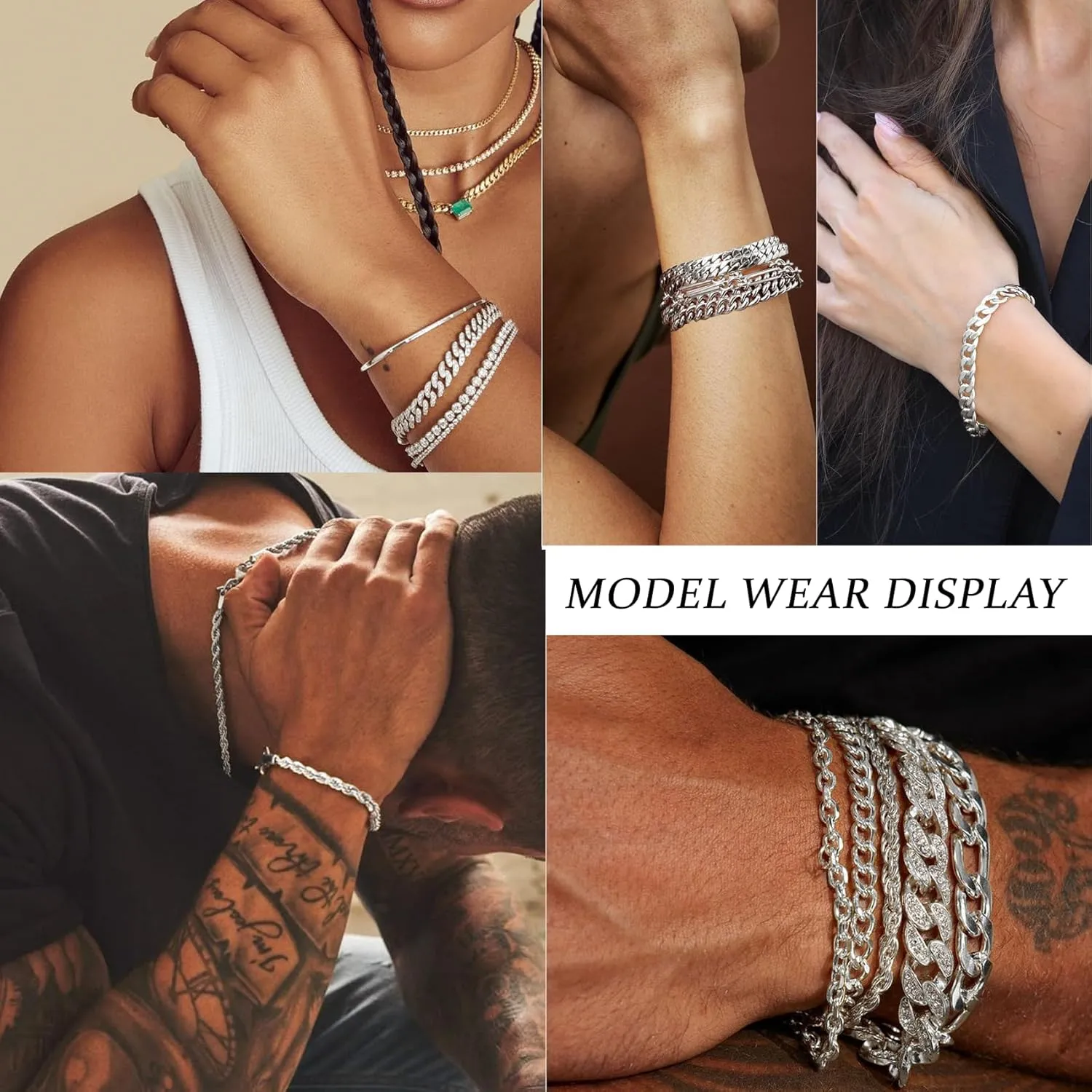 5Pcs Stainless Steel Bracelets for Men, Sturdy Mens Chain Bracelet Set, Exquisite Silver Cuban Link Chain Bracelet for Men Women Father 6.5/7.5/8.3/9inch