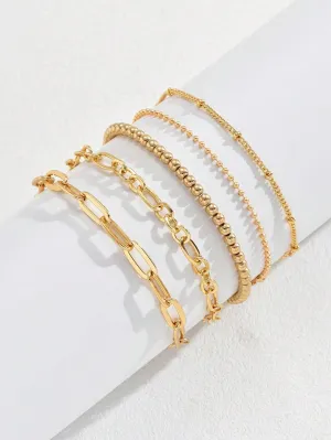 5pcs/set  Versatile Casual Chain & Bead Decor Bracelet Set