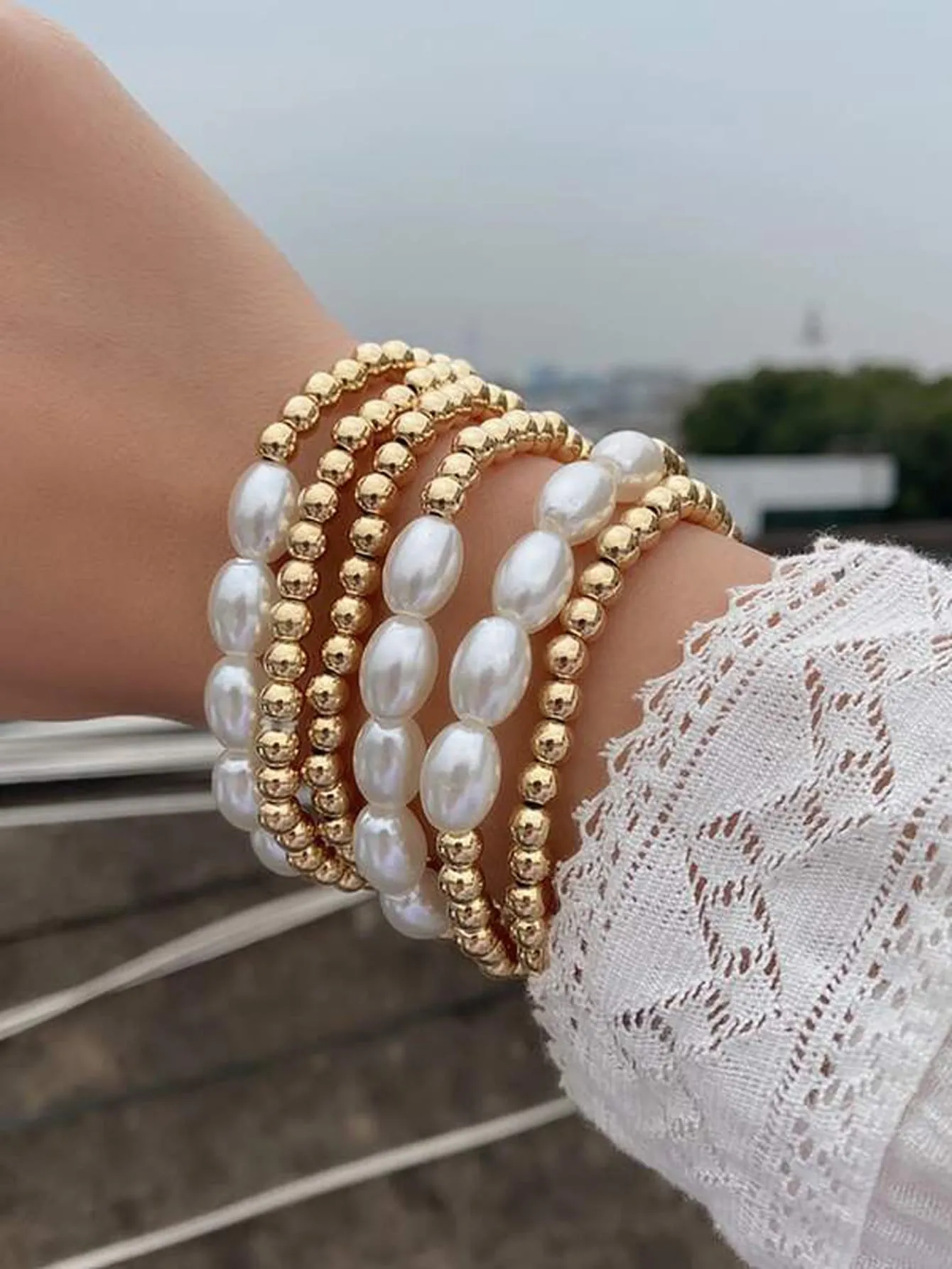 5pcs/set  Versatile Casual Chain & Bead Decor Bracelet Set