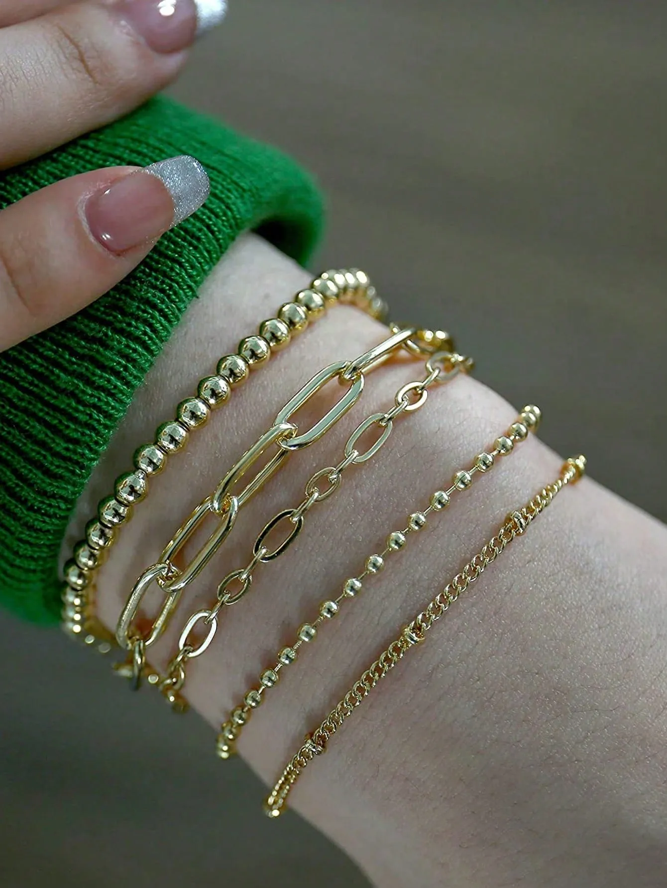 5pcs/set  Versatile Casual Chain & Bead Decor Bracelet Set