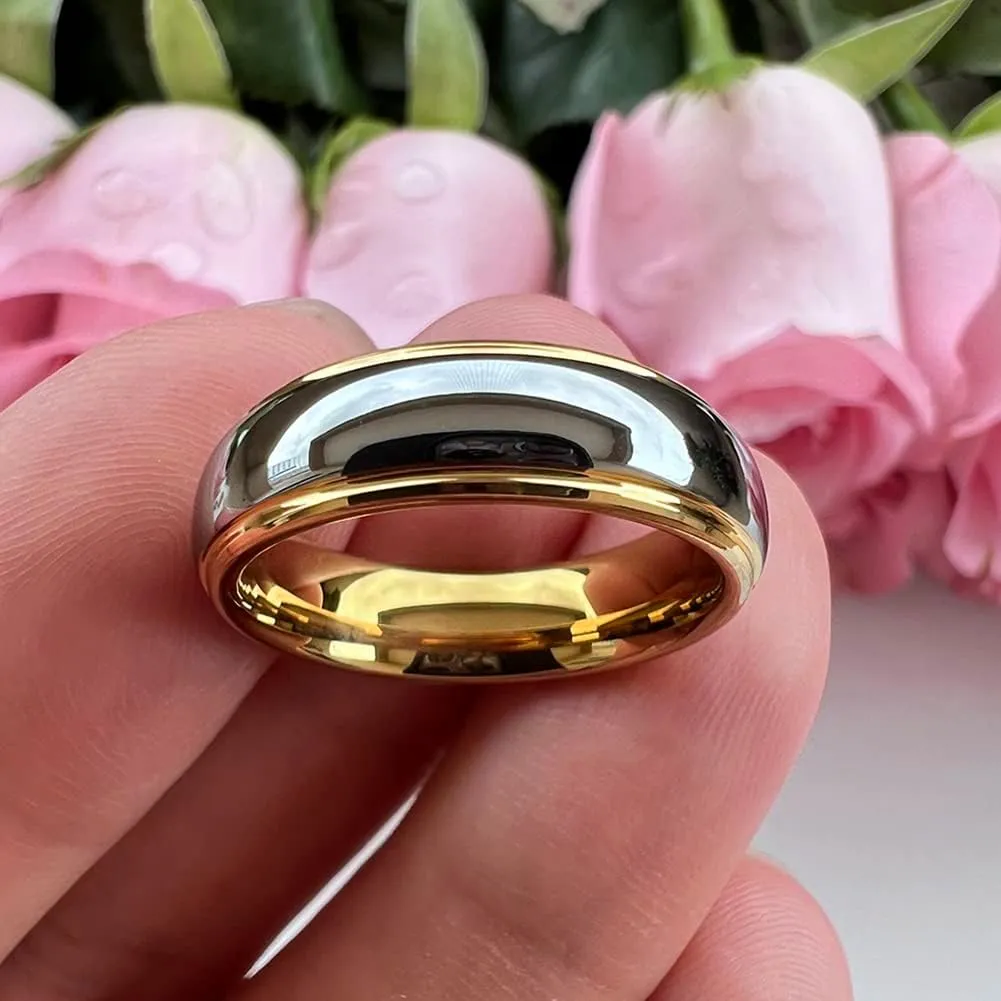 6mm 8mm Gold Tungsten Rings for Men Women Couple Fashion Jewelry Engagement Wedding Bands Domed Stepped Edges Polished Shiny Comfort Fit