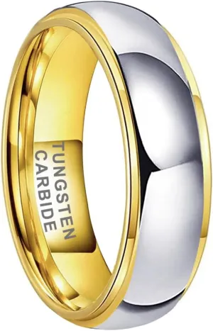 6mm 8mm Gold Tungsten Rings for Men Women Couple Fashion Jewelry Engagement Wedding Bands Domed Stepped Edges Polished Shiny Comfort Fit