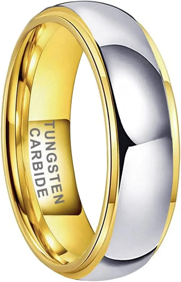 6mm 8mm Gold Tungsten Rings for Men Women Couple Fashion Jewelry Engagement Wedding Bands Domed Stepped Edges Polished Shiny Comfort Fit