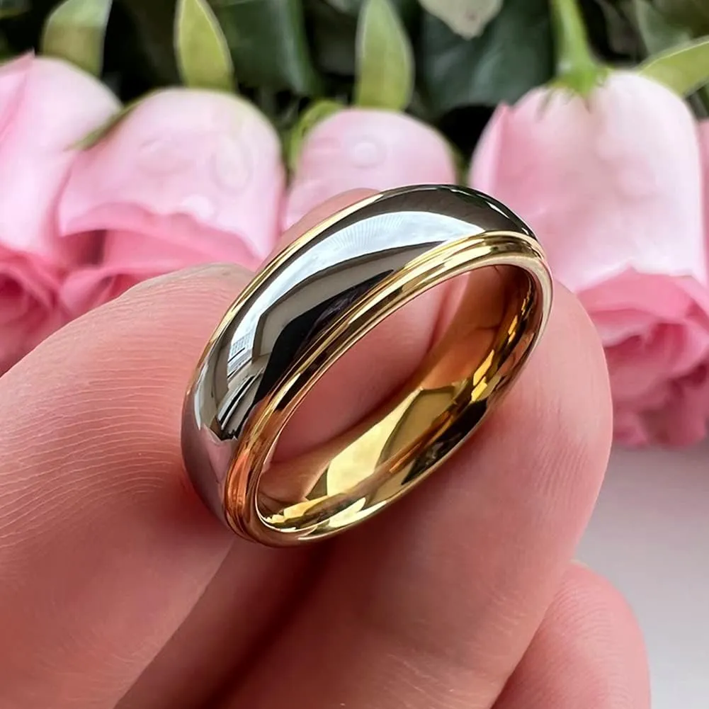 6mm 8mm Gold Tungsten Rings for Men Women Couple Fashion Jewelry Engagement Wedding Bands Domed Stepped Edges Polished Shiny Comfort Fit