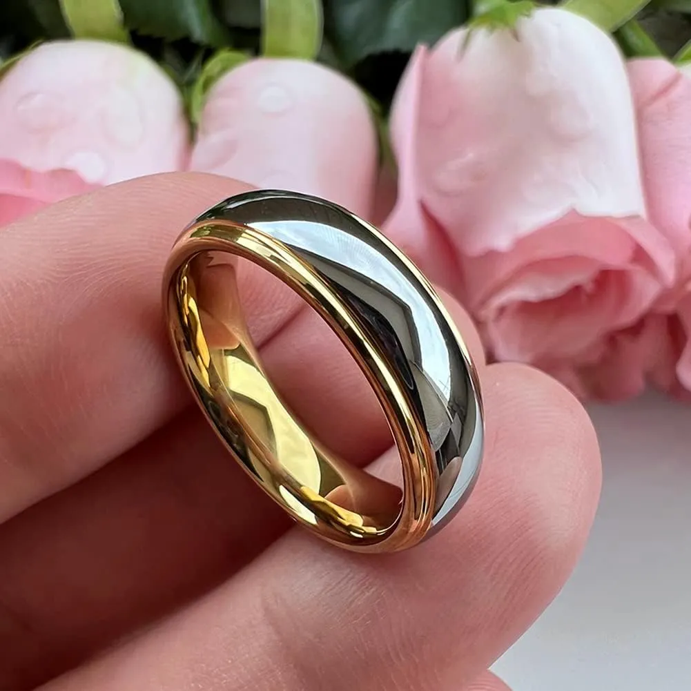 6mm 8mm Gold Tungsten Rings for Men Women Couple Fashion Jewelry Engagement Wedding Bands Domed Stepped Edges Polished Shiny Comfort Fit