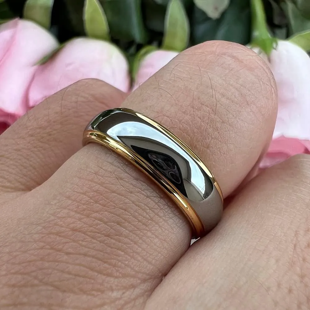 6mm 8mm Gold Tungsten Rings for Men Women Couple Fashion Jewelry Engagement Wedding Bands Domed Stepped Edges Polished Shiny Comfort Fit
