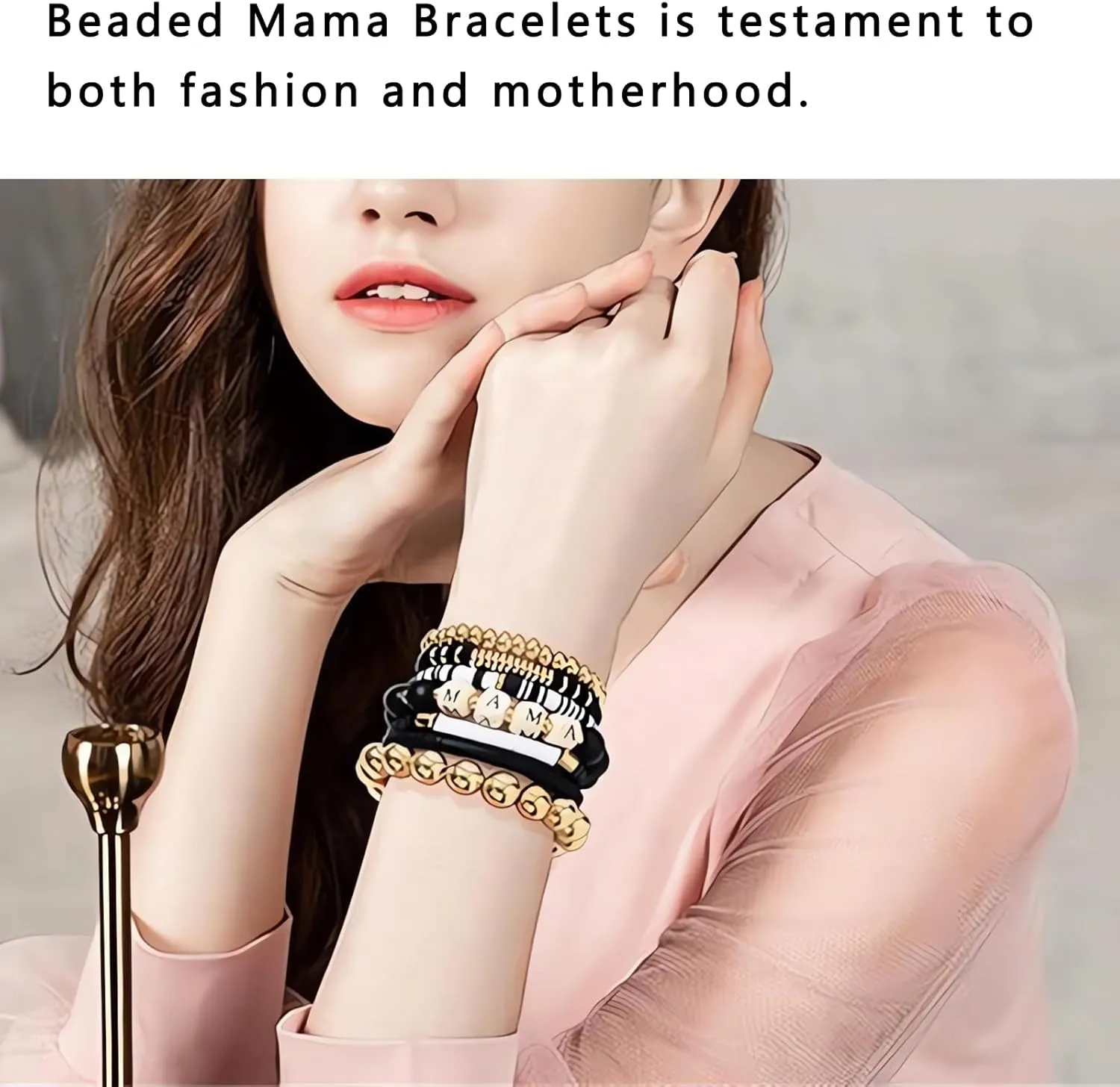 7Pcs Beaded Mama Bracelet, Adjustable Stackable Layered Stretch Bracelets, Polymer Clay Beads Bracelets, Mother Daughter Gift Jewelry for Women Birthday Gifts