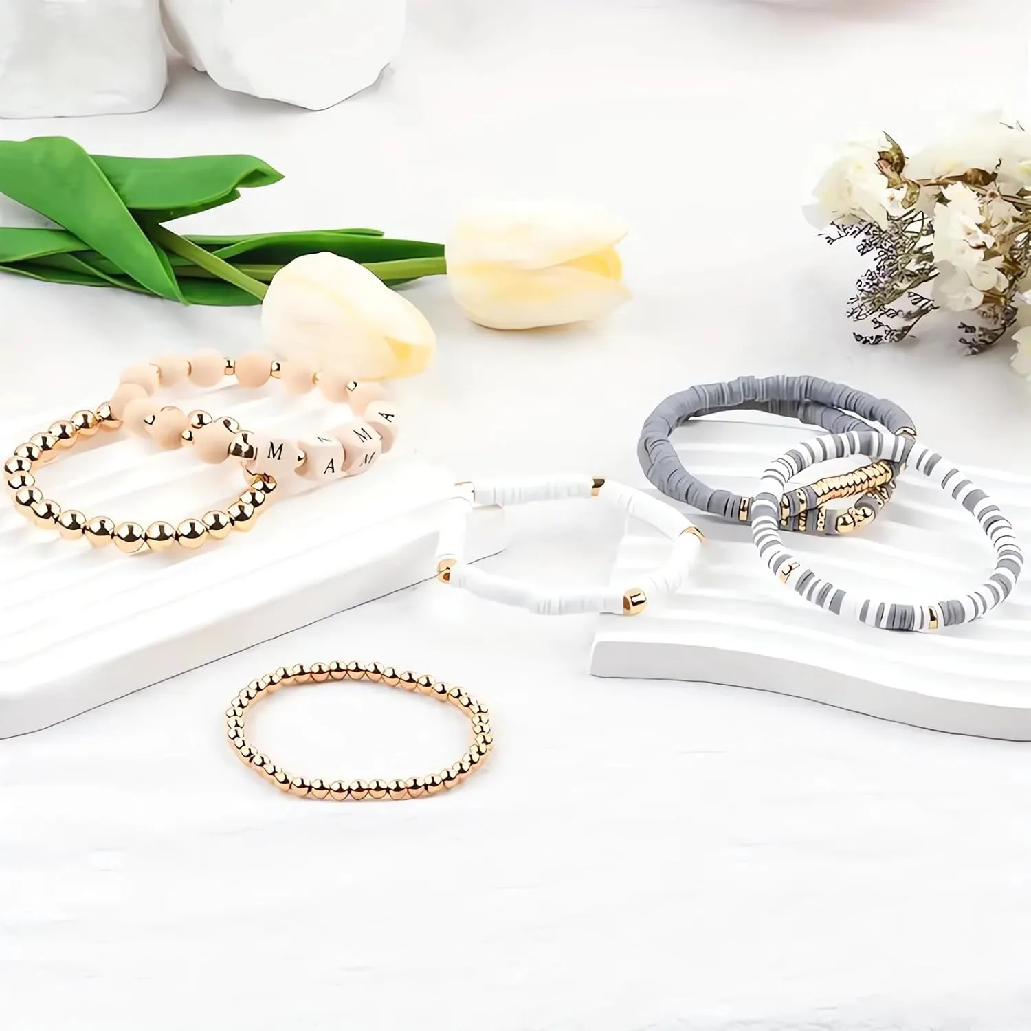 7Pcs Beaded Mama Bracelet, Adjustable Stackable Layered Stretch Bracelets, Polymer Clay Beads Bracelets, Mother Daughter Gift Jewelry for Women Birthday Gifts