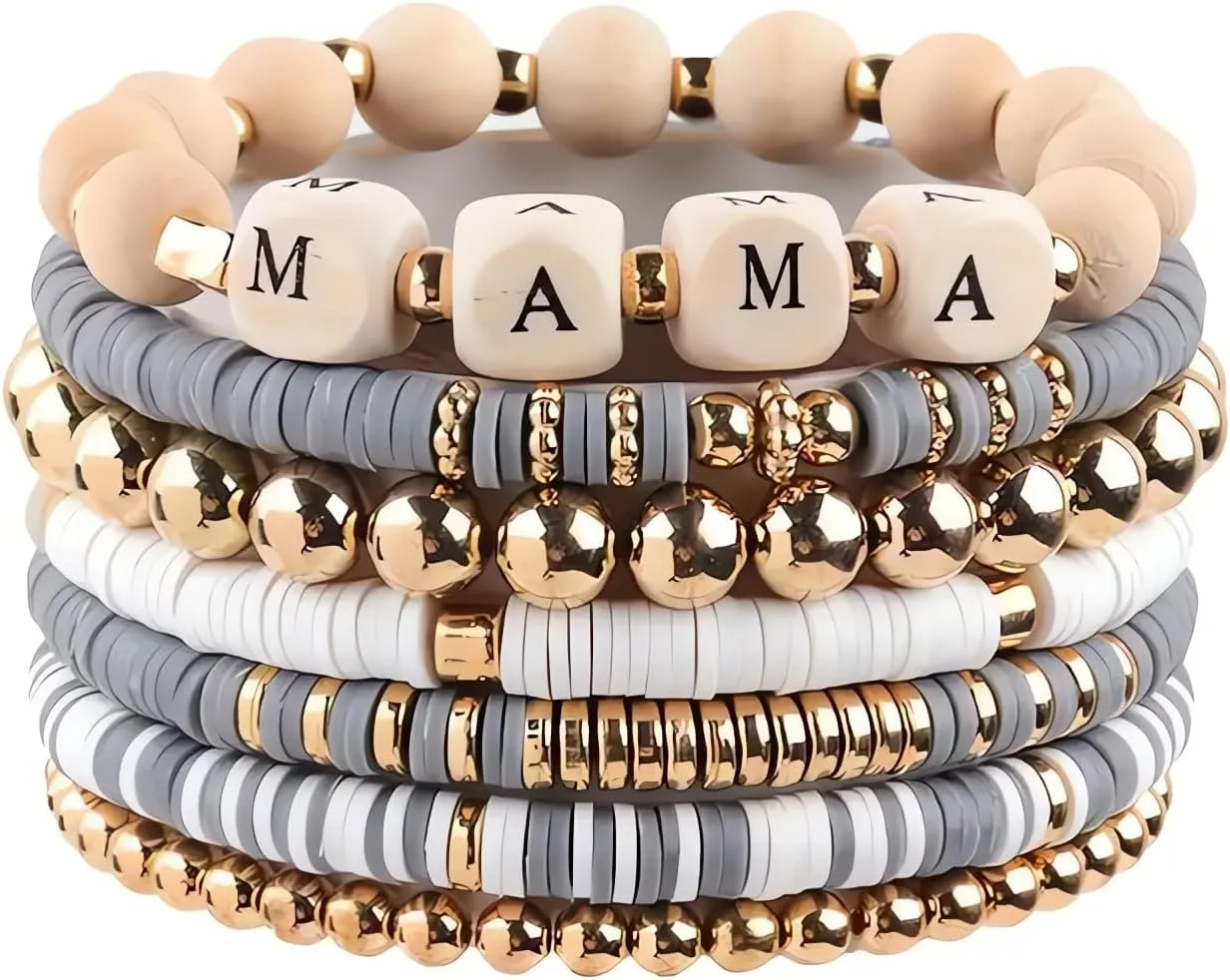 7Pcs Beaded Mama Bracelet, Adjustable Stackable Layered Stretch Bracelets, Polymer Clay Beads Bracelets, Mother Daughter Gift Jewelry for Women Birthday Gifts