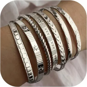 7Pcs Gold Bangle Bracelets Set for Women - Multi Layer Stackable Textured Bracelets Indian Cuff Bangles Boho Jewelry Set
