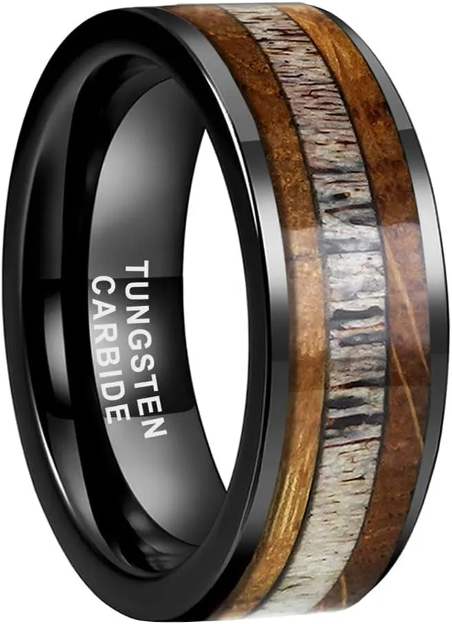 8mm Silver Black Tungsten Rings for Men Women Wedding Bands Whisky Barrel Wood Deer Antler Inlay Flat Polished Shiny Comfort Fit
