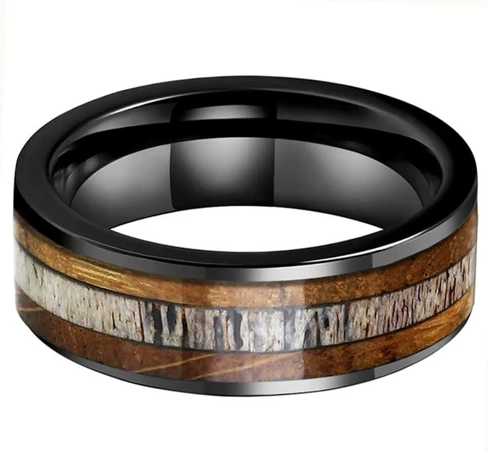 8mm Silver Black Tungsten Rings for Men Women Wedding Bands Whisky Barrel Wood Deer Antler Inlay Flat Polished Shiny Comfort Fit