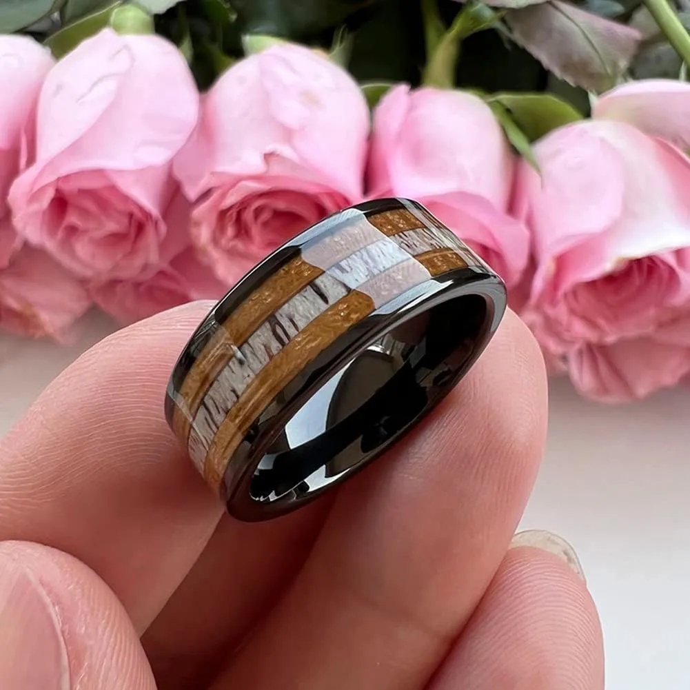 8mm Silver Black Tungsten Rings for Men Women Wedding Bands Whisky Barrel Wood Deer Antler Inlay Flat Polished Shiny Comfort Fit