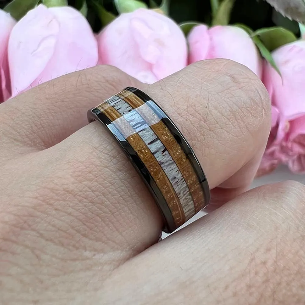8mm Silver Black Tungsten Rings for Men Women Wedding Bands Whisky Barrel Wood Deer Antler Inlay Flat Polished Shiny Comfort Fit