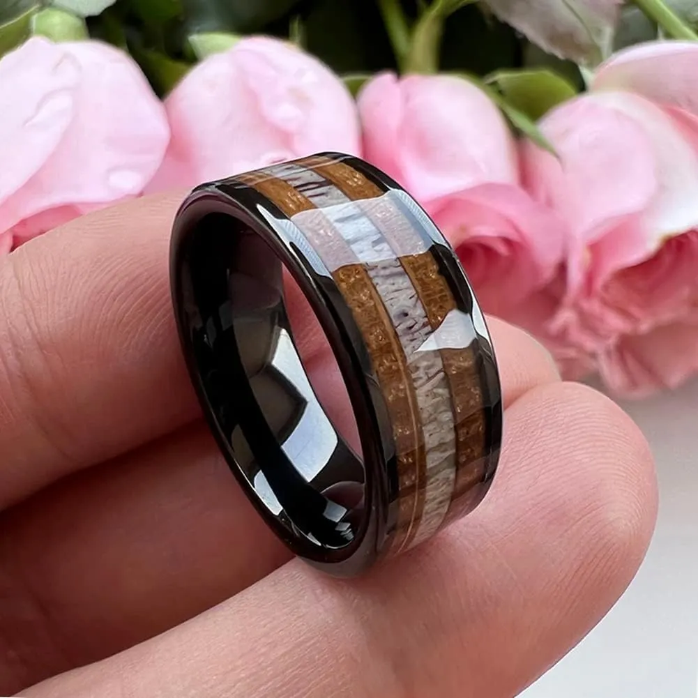 8mm Silver Black Tungsten Rings for Men Women Wedding Bands Whisky Barrel Wood Deer Antler Inlay Flat Polished Shiny Comfort Fit
