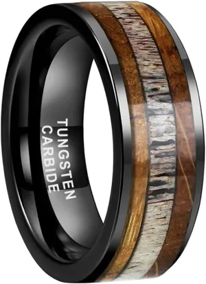 8mm Silver Black Tungsten Rings for Men Women Wedding Bands Whisky Barrel Wood Deer Antler Inlay Flat Polished Shiny Comfort Fit