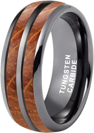 8mm Silver/Black/Gunmetal Tungsten Rings for Men Women Wedding Bands Double Whisky Barrel Oak Wood Inlay Domed Polished Shiny Comfort Fit