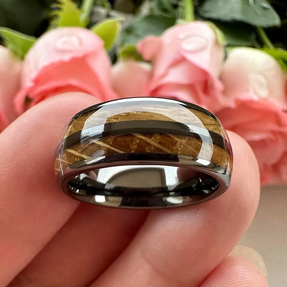 8mm Silver/Black/Gunmetal Tungsten Rings for Men Women Wedding Bands Double Whisky Barrel Oak Wood Inlay Domed Polished Shiny Comfort Fit