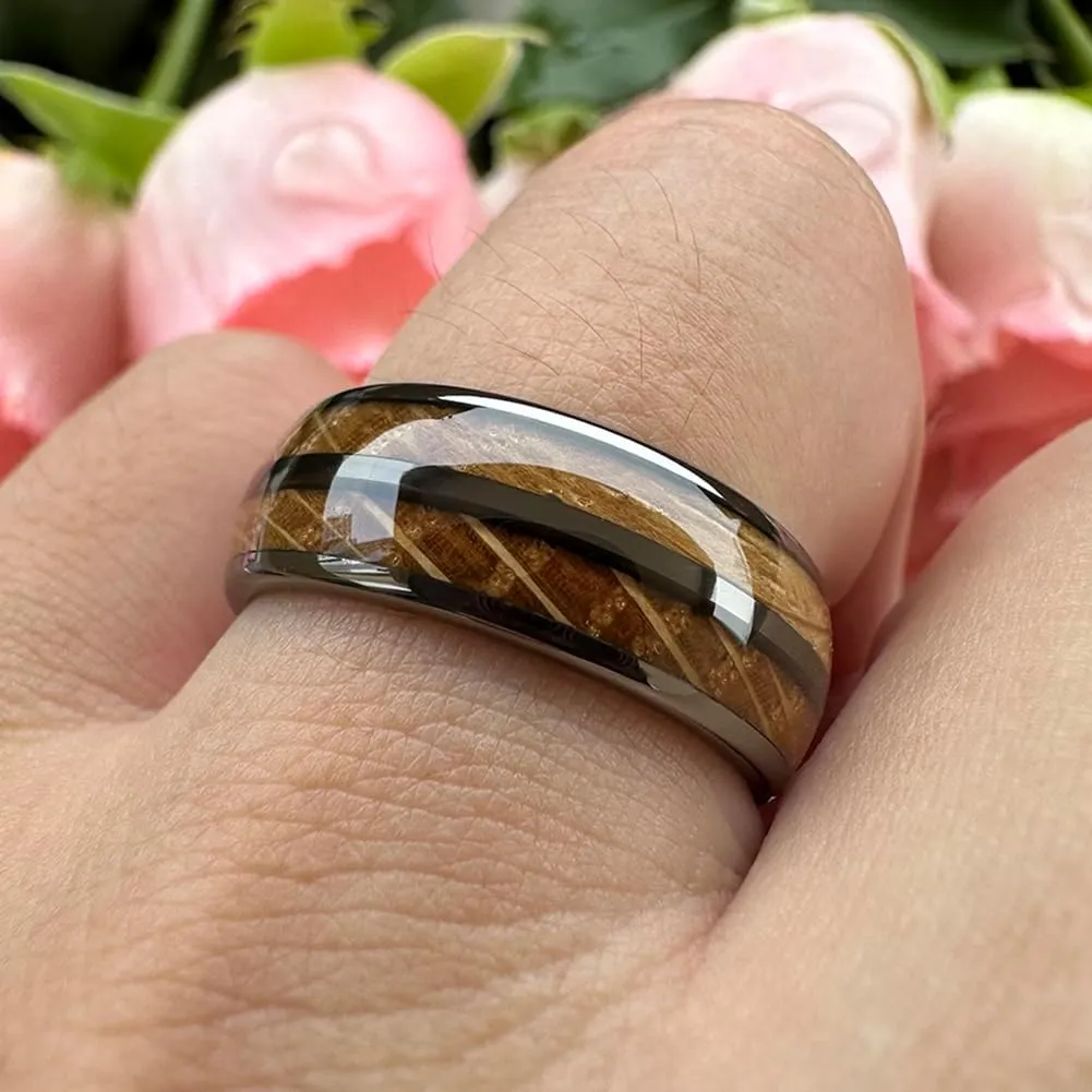 8mm Silver/Black/Gunmetal Tungsten Rings for Men Women Wedding Bands Double Whisky Barrel Oak Wood Inlay Domed Polished Shiny Comfort Fit