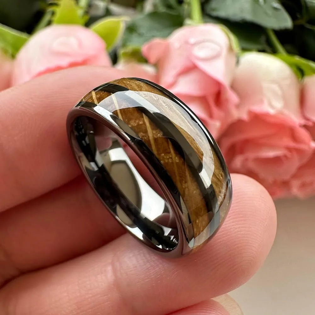 8mm Silver/Black/Gunmetal Tungsten Rings for Men Women Wedding Bands Double Whisky Barrel Oak Wood Inlay Domed Polished Shiny Comfort Fit