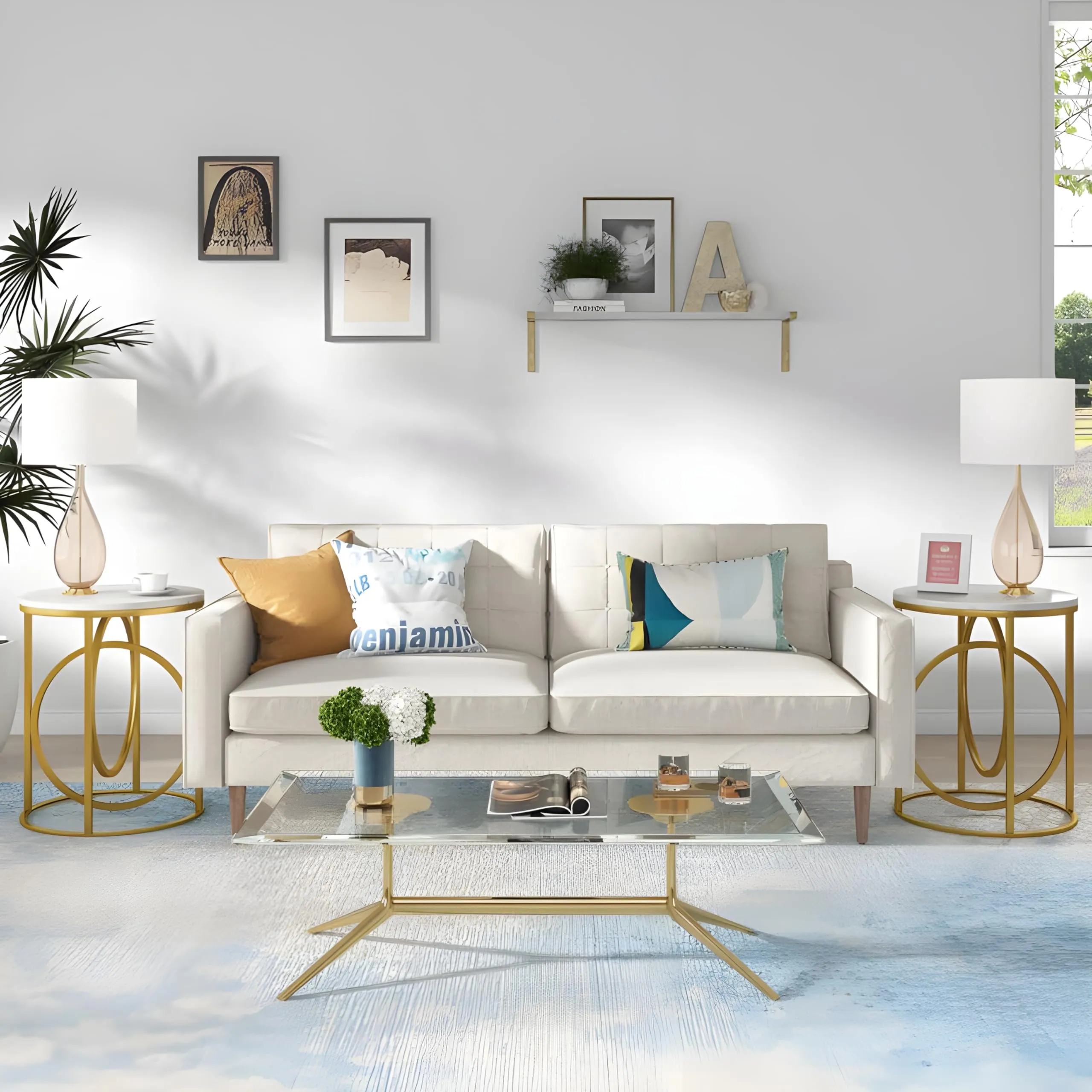 A.B.D HOME DECOR Metal Round Coffee Table | End Table | Side Table | Centre Table | Marble Pattern Wooden Top and Metal Frame | Ring (Golden White)