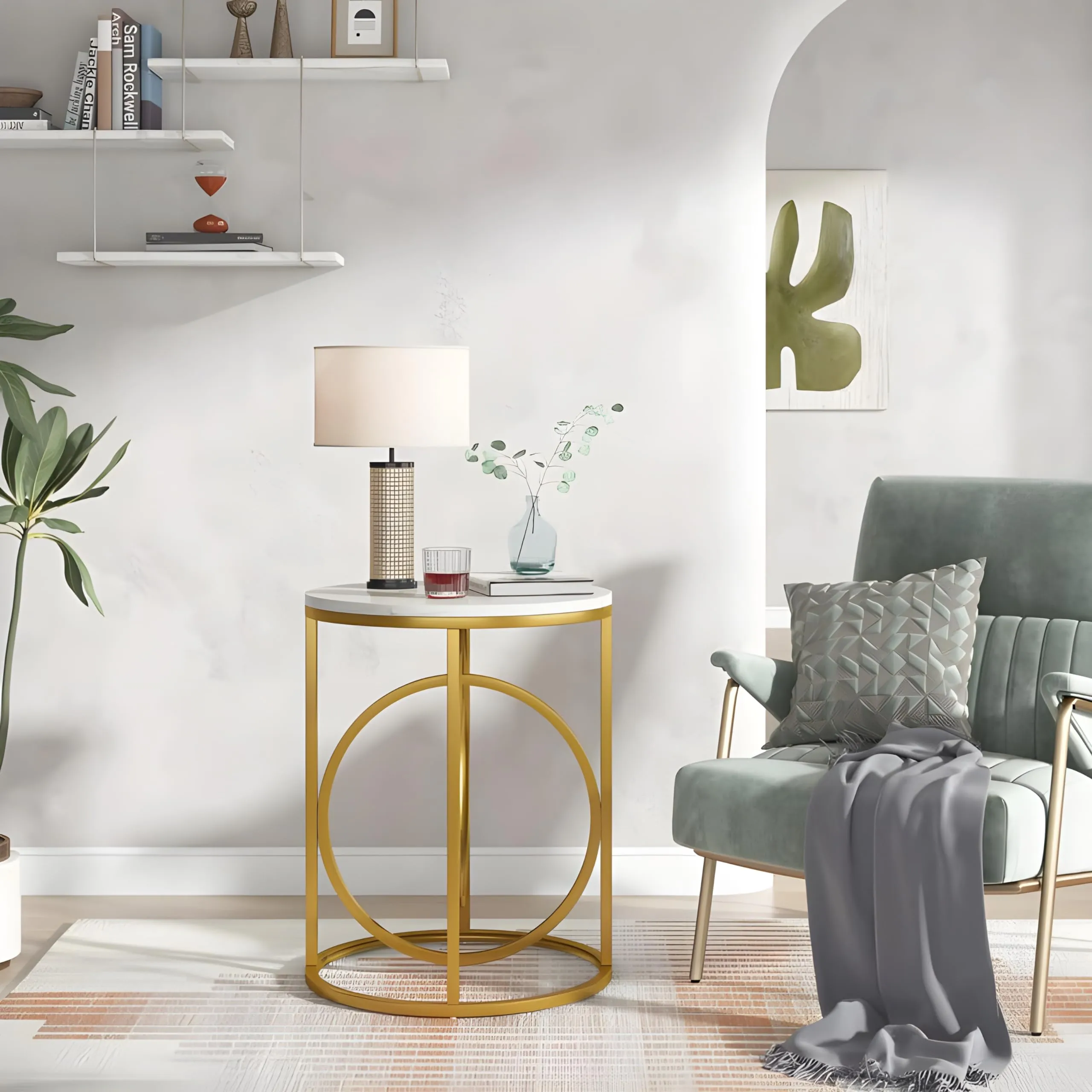 A.B.D HOME DECOR Metal Round Coffee Table | End Table | Side Table | Centre Table | Marble Pattern Wooden Top and Metal Frame | Ring (Golden White)