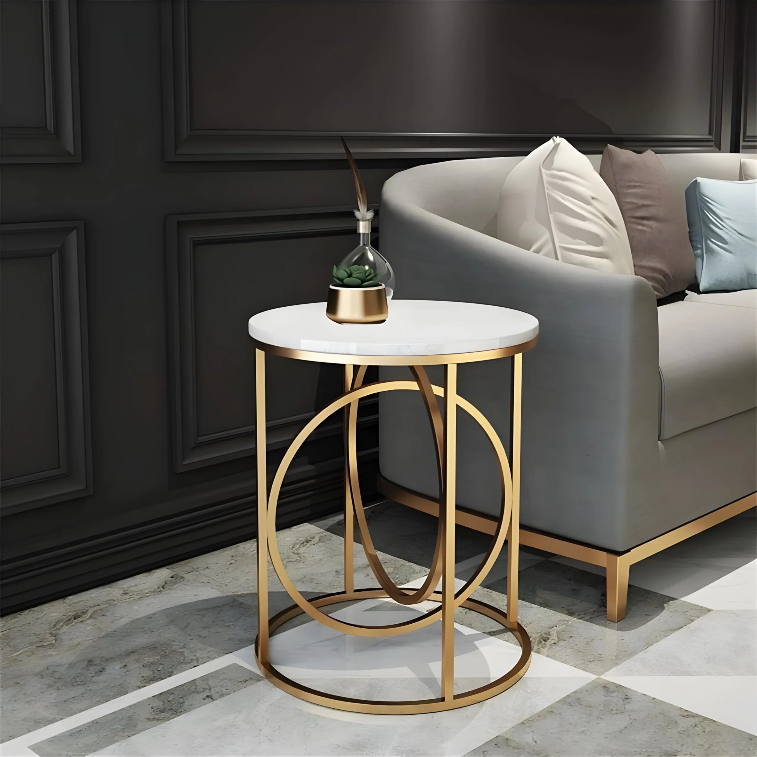 A.B.D HOME DECOR Metal Round Coffee Table | End Table | Side Table | Centre Table | Marble Pattern Wooden Top and Metal Frame | Ring (Golden White)
