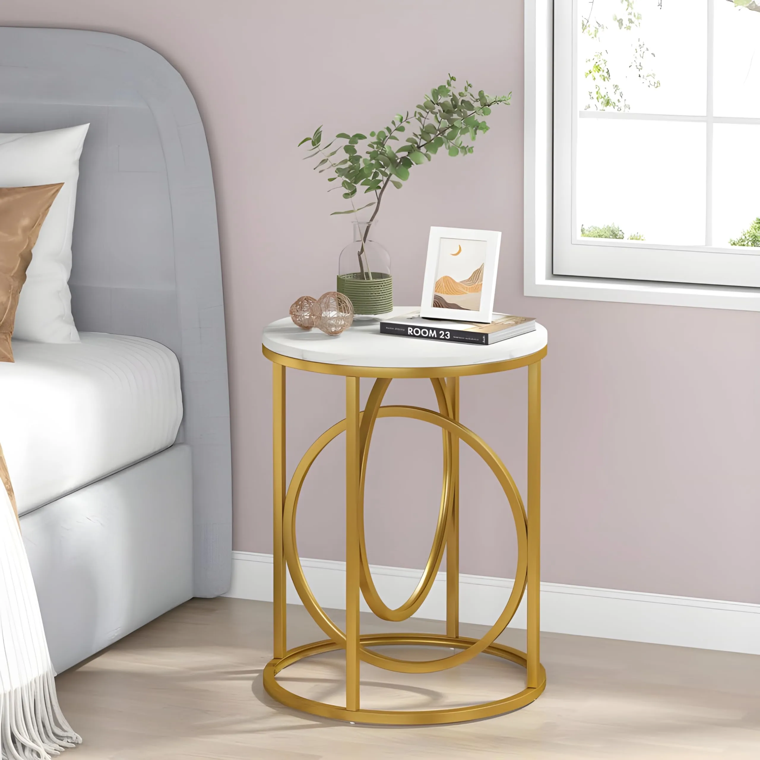 A.B.D HOME DECOR Metal Round Coffee Table | End Table | Side Table | Centre Table | Marble Pattern Wooden Top and Metal Frame | Ring (Golden White)