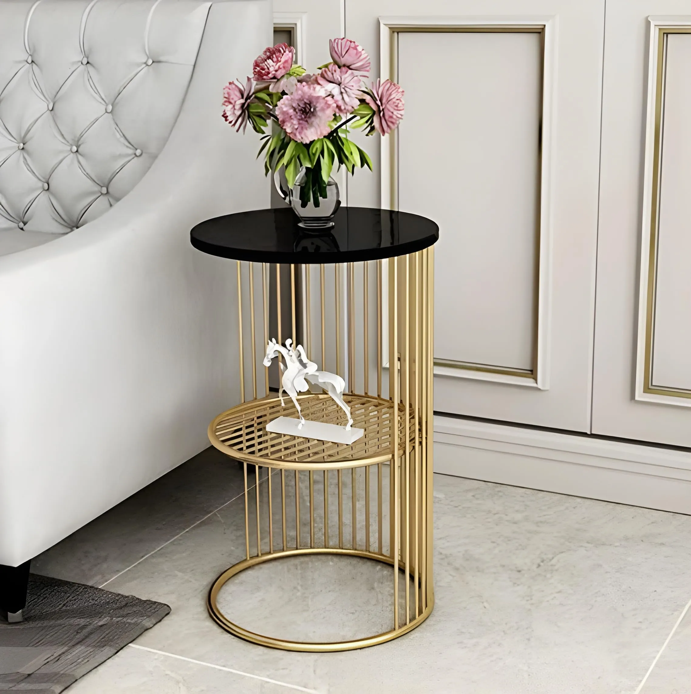 A.B.D HOME DECOR Modern Accent Round Coffee Table | End Table | Side Table | Marble Pattern Wooden Top and Metal Frame | Jali (Golden Black)