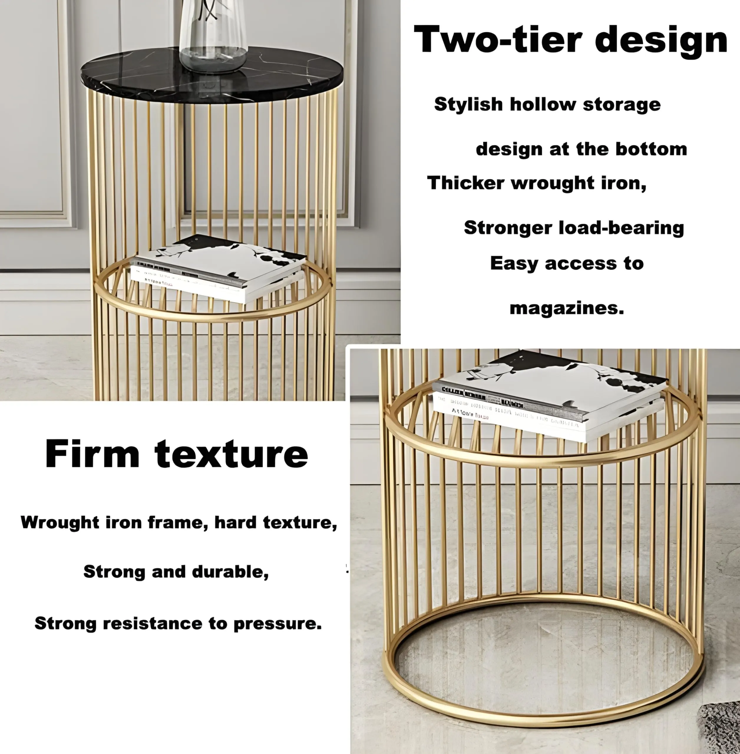 A.B.D HOME DECOR Modern Accent Round Coffee Table | End Table | Side Table | Marble Pattern Wooden Top and Metal Frame | Jali (Golden Black)