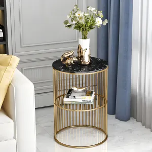 A.B.D HOME DECOR Modern Accent Round Coffee Table | End Table | Side Table | Marble Pattern Wooden Top and Metal Frame | Jali (Golden Black)