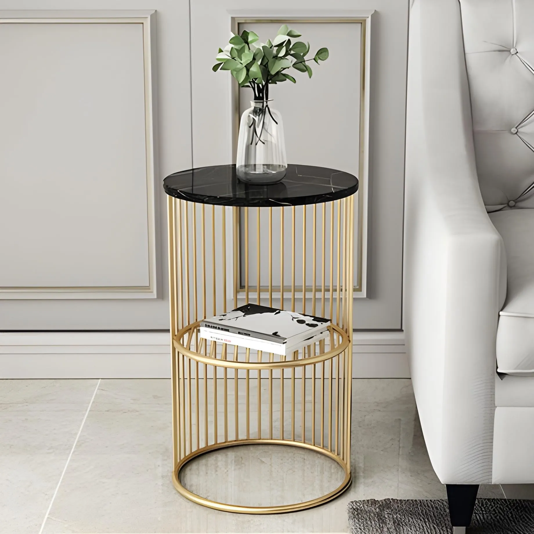 A.B.D HOME DECOR Modern Accent Round Coffee Table | End Table | Side Table | Marble Pattern Wooden Top and Metal Frame | Jali (Golden Black)